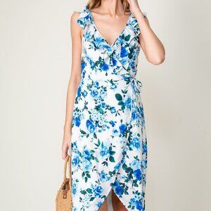 LUMIERE Blue Floral Ruffle Wrap Midi Dress, White Summer Wedding Guest Outfit